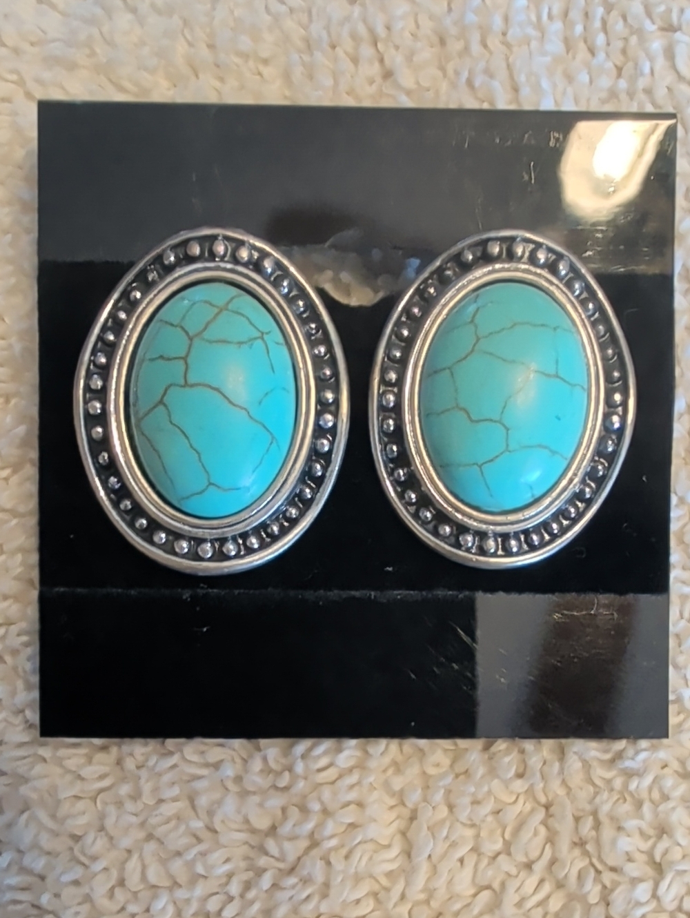 Turquoise Oval Stone Silver-Tone Stud Earrings